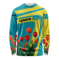 Kazakhstan National Flag Long Sleeve Shirt with Red Tulip Bloom and Blue Yellow Ethnic Motif