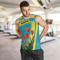 Kazakhstan National Flag Men Tank Top with Red Tulip Bloom and Blue Yellow Ethnic Motif