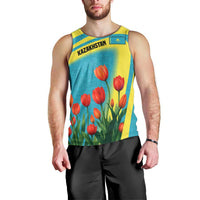 Kazakhstan National Flag Men Tank Top with Red Tulip Bloom and Blue Yellow Ethnic Motif