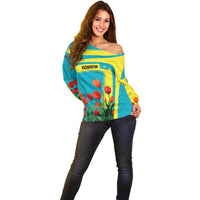 Kazakhstan National Flag Off Shoulder Sweater with Red Tulip Bloom and Blue Yellow Ethnic Motif