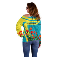 Kazakhstan National Flag Off Shoulder Sweater with Red Tulip Bloom and Blue Yellow Ethnic Motif