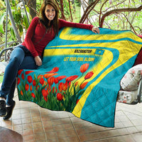 Kazakhstan National Flag Quilt with Red Tulip Bloom and Blue Yellow Ethnic Motif
