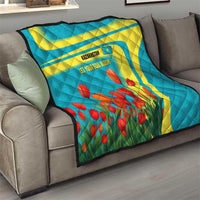 Kazakhstan National Flag Quilt with Red Tulip Bloom and Blue Yellow Ethnic Motif
