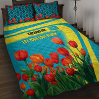Kazakhstan National Flag Quilt Bed Set with Red Tulip Bloom and Blue Yellow Ethnic Motif