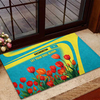 Kazakhstan National Flag Rubber Doormat with Red Tulip Bloom and Blue Yellow Ethnic Motif