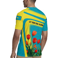 Kazakhstan National Flag Rugby Jersey with Red Tulip Bloom and Blue Yellow Ethnic Motif