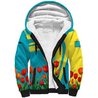 Kazakhstan National Flag Sherpa Hoodie with Red Tulip Bloom and Blue Yellow Ethnic Motif