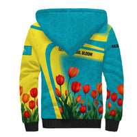 Kazakhstan National Flag Sherpa Hoodie with Red Tulip Bloom and Blue Yellow Ethnic Motif