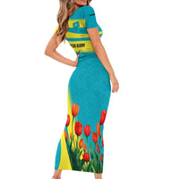 Kazakhstan National Flag Short Sleeve Bodycon Dress with Red Tulip Bloom and Blue Yellow Ethnic Motif