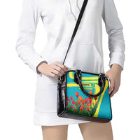 Kazakhstan National Flag Shoulder Handbag with Red Tulip Bloom and Blue Yellow Ethnic Motif