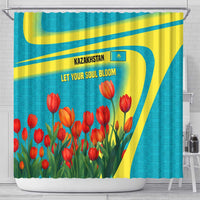 Kazakhstan National Flag Shower Curtain with Red Tulip Bloom and Blue Yellow Ethnic Motif