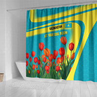 Kazakhstan National Flag Shower Curtain with Red Tulip Bloom and Blue Yellow Ethnic Motif