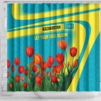Kazakhstan National Flag Shower Curtain with Red Tulip Bloom and Blue Yellow Ethnic Motif