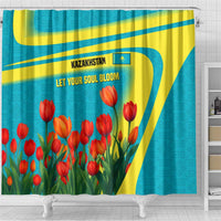 Kazakhstan National Flag Shower Curtain with Red Tulip Bloom and Blue Yellow Ethnic Motif