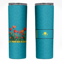 Kazakhstan National Flag Skinny Tumbler with Red Tulip Bloom and Blue Yellow Ethnic Motif