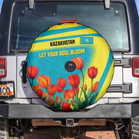Kazakhstan National Flag Spare Tire Cover with Red Tulip Bloom and Blue Yellow Ethnic Motif