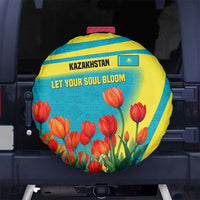 Kazakhstan National Flag Spare Tire Cover with Red Tulip Bloom and Blue Yellow Ethnic Motif