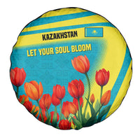 Kazakhstan National Flag Spare Tire Cover with Red Tulip Bloom and Blue Yellow Ethnic Motif