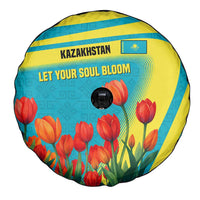 Kazakhstan National Flag Spare Tire Cover with Red Tulip Bloom and Blue Yellow Ethnic Motif