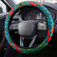 Kazakhstan National Flag Steering Wheel Cover with Red Tulip Bloom and Blue Yellow Ethnic Motif