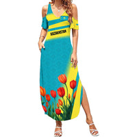 Kazakhstan National Flag Summer Maxi Dress with Red Tulip Bloom and Blue Yellow Ethnic Motif