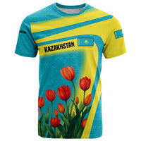 Kazakhstan National Flag T Shirt with Red Tulip Bloom and Blue Yellow Ethnic Motif