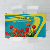 Kazakhstan National Flag Tablecloth with Red Tulip Bloom and Blue Yellow Ethnic Motif