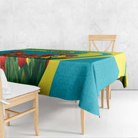 Kazakhstan National Flag Tablecloth with Red Tulip Bloom and Blue Yellow Ethnic Motif