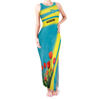 Kazakhstan National Flag Tank Maxi Dress with Red Tulip Bloom and Blue Yellow Ethnic Motif
