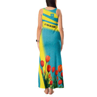 Kazakhstan National Flag Tank Maxi Dress with Red Tulip Bloom and Blue Yellow Ethnic Motif