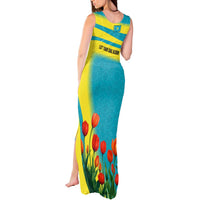 Kazakhstan National Flag Tank Maxi Dress with Red Tulip Bloom and Blue Yellow Ethnic Motif