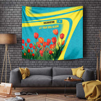 Kazakhstan National Flag Tapestry with Red Tulip Bloom and Blue Yellow Ethnic Motif