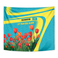 Kazakhstan National Flag Tapestry with Red Tulip Bloom and Blue Yellow Ethnic Motif