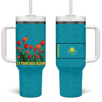Kazakhstan National Flag Tumbler With Handle with Red Tulip Bloom and Blue Yellow Ethnic Motif
