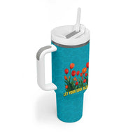 Kazakhstan National Flag Tumbler With Handle with Red Tulip Bloom and Blue Yellow Ethnic Motif