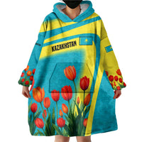 Kazakhstan National Flag Wearable Blanket Hoodie with Red Tulip Bloom and Blue Yellow Ethnic Motif