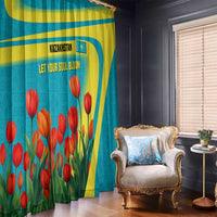 Kazakhstan National Flag Window Curtain with Red Tulip Bloom and Blue Yellow Ethnic Motif