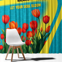 Kazakhstan National Flag Window Curtain with Red Tulip Bloom and Blue Yellow Ethnic Motif