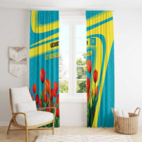 Kazakhstan National Flag Window Curtain with Red Tulip Bloom and Blue Yellow Ethnic Motif