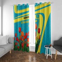 Kazakhstan National Flag Window Curtain with Red Tulip Bloom and Blue Yellow Ethnic Motif