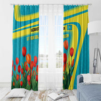 Kazakhstan National Flag Window Curtain with Red Tulip Bloom and Blue Yellow Ethnic Motif