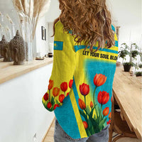 Kazakhstan National Flag Women Casual Shirt with Red Tulip Bloom and Blue Yellow Ethnic Motif