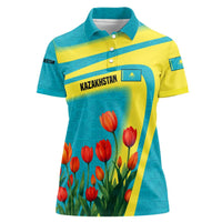 Kazakhstan National Flag Women Polo Shirt with Red Tulip Bloom and Blue Yellow Ethnic Motif