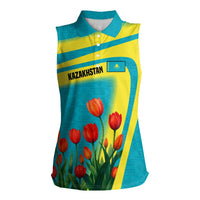 Kazakhstan National Flag Women Sleeveless Polo Shirt with Red Tulip Bloom and Blue Yellow Ethnic Motif