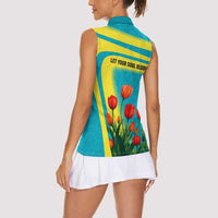 Kazakhstan National Flag Women Sleeveless Polo Shirt with Red Tulip Bloom and Blue Yellow Ethnic Motif