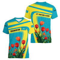 Kazakhstan National Flag Women V-Neck T-Shirt with Red Tulip Bloom and Blue Yellow Ethnic Motif