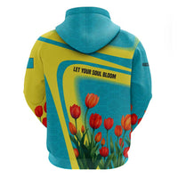 Kazakhstan National Flag Zip Hoodie with Red Tulip Bloom and Blue Yellow Ethnic Motif