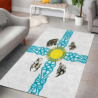 Kazakhstan National Symbols Area Rug with Tribal Animal Crest and Blue Ethnic Motif on White