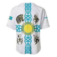 Kazakhstan National Symbols Baseball Jersey with Tribal Animal Crest and Blue Ethnic Motif on White