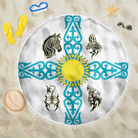 Kazakhstan National Symbols Beach Blanket with Tribal Animal Crest and Blue Ethnic Motif on White